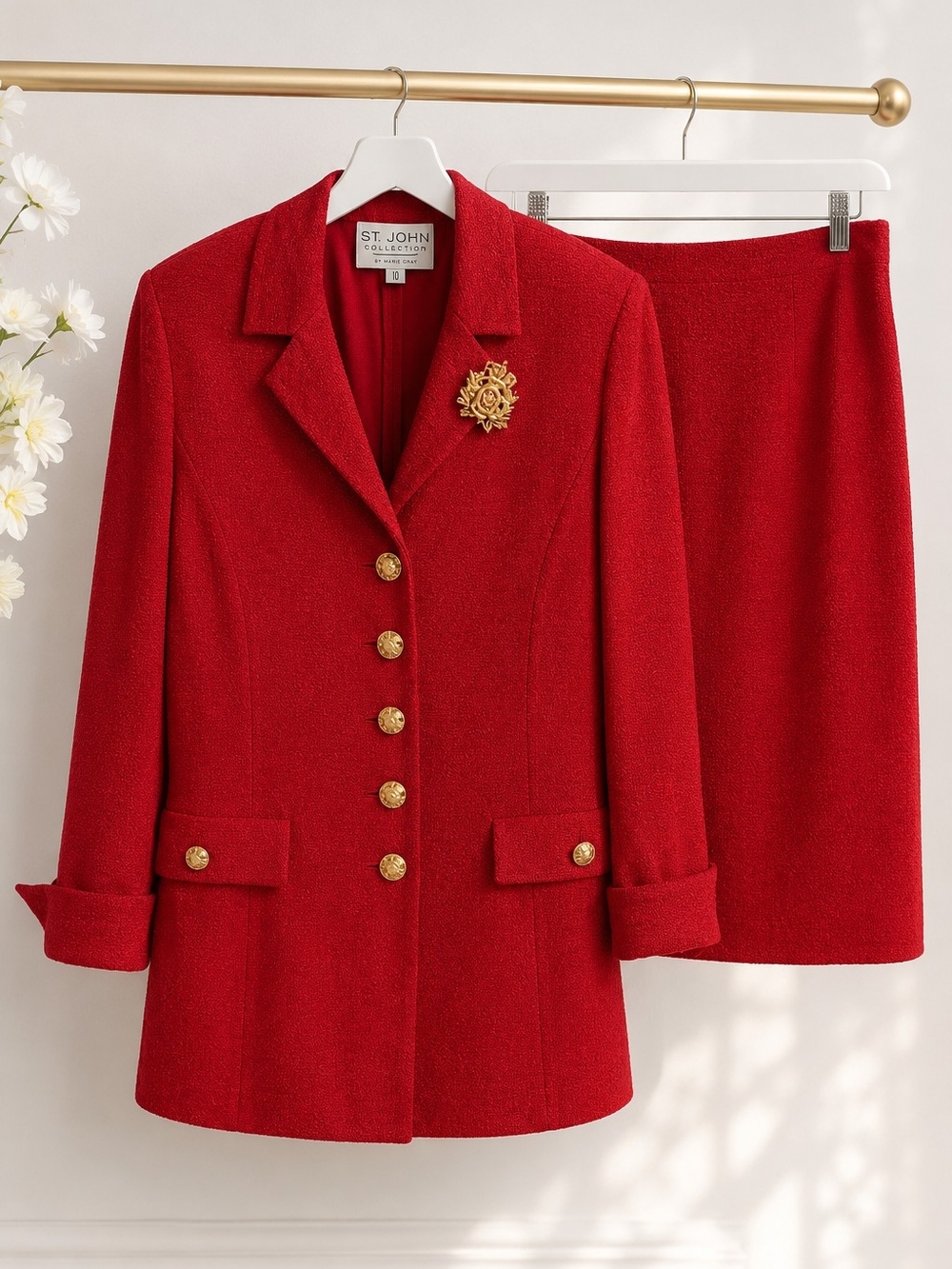St. John Collection Marie Gray Red Skirt Suit Set Sz 10 Gold Buttons Brooch